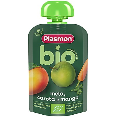 Био Плодова Закуска Plasmon Ябълка, Морков и Манго 6м+
