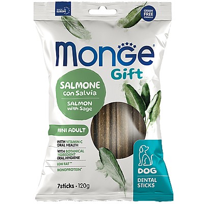 Дентални Пръчици Monge Gift Dog Dental Sticks Mini Adult за Мини Породи със Сьомга и Салвия Монопротеинови