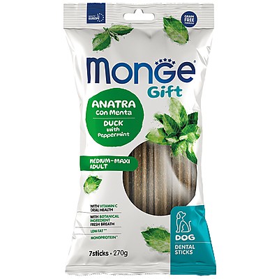 Дентални Пръчици Monge Gift Dog Dental Sticks Medium-Maxi Adult за Средни и Едри Породи с Патешко и Мента Монопротеинови