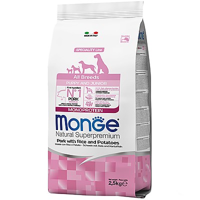 Храна за Кучета Monge Natural Superpremium Puppy and Junior Monoprotein за Всички Породи със Свинско, Ориз и Картофи